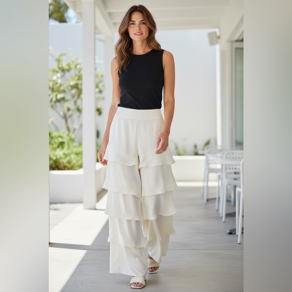 Alexis Cream Tiered Wide-Leg Pants Size M